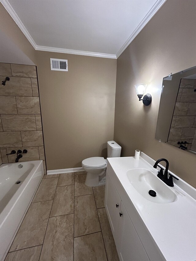 bathroom featuring crown molding, visible vents, toilet, vanity, and baseboards