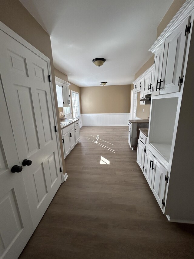 mudroom featuring dark wood-style flooring and wainscoting