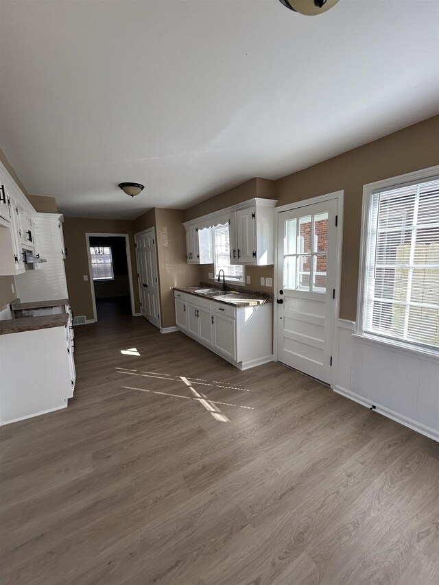 kitchen featuring a wainscoted wall, white cabinetry, a sink, and wood finished floors