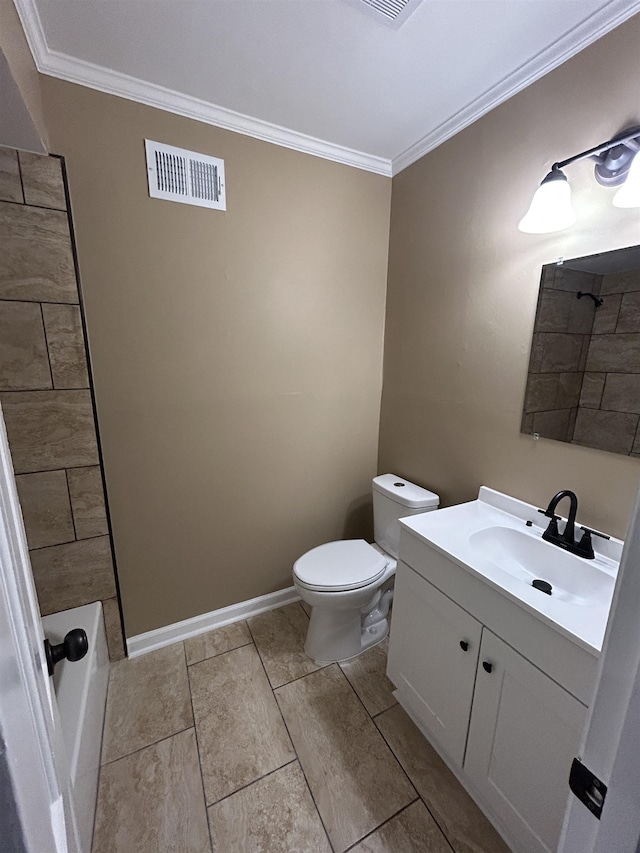 bathroom with visible vents, toilet, ornamental molding, vanity, and baseboards