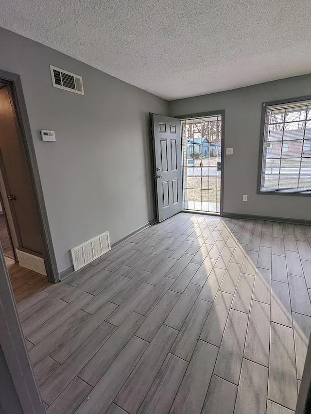 spare room featuring a textured ceiling, light wood-type flooring, and a wealth of natural light