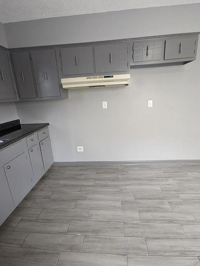 kitchen with gray cabinetry and a textured ceiling