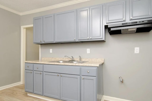 kitchen featuring sink, crown molding, extractor fan, light hardwood / wood-style floors, and a textured ceiling