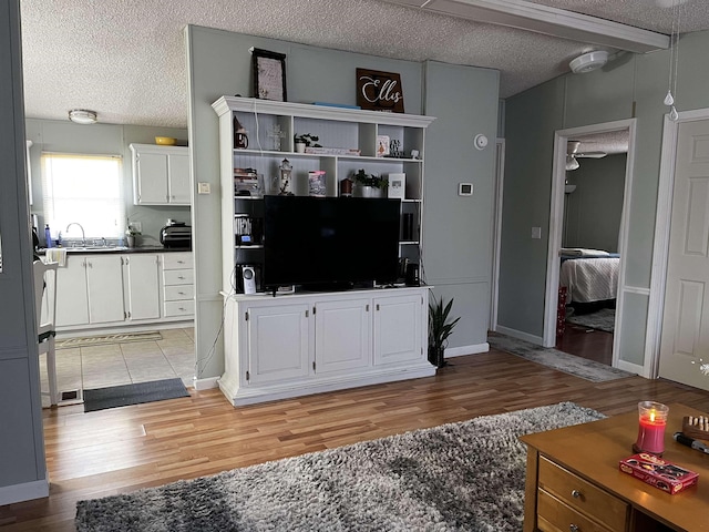 living room featuring a textured ceiling and hardwood / wood-style flooring