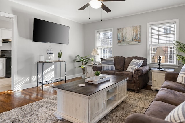 living room with ceiling fan, plenty of natural light, and hardwood / wood-style flooring