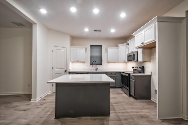 kitchen featuring a center island, white cabinetry, sink, and appliances with stainless steel finishes