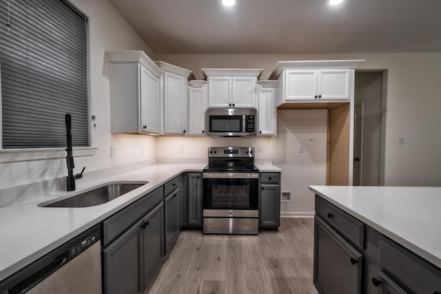 kitchen featuring sink, stainless steel appliances, light hardwood / wood-style floors, gray cabinets, and white cabinets