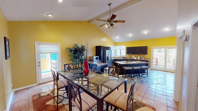 dining room featuring beamed ceiling, high vaulted ceiling, and ceiling fan