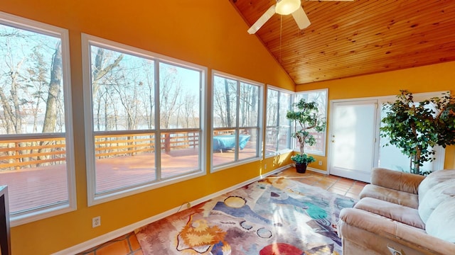 sunroom / solarium featuring ceiling fan, lofted ceiling, and wood ceiling