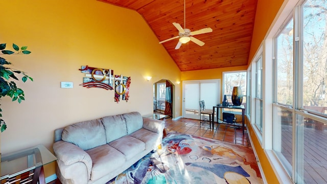 sunroom featuring ceiling fan, wood ceiling, and vaulted ceiling