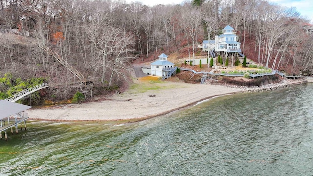 aerial view featuring a water view