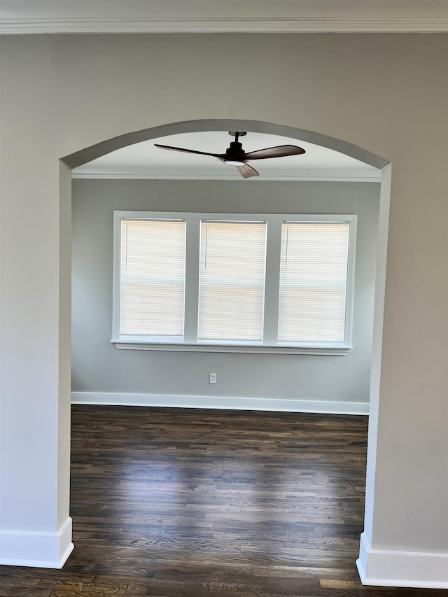 empty room with dark hardwood / wood-style flooring, a wealth of natural light, and ceiling fan