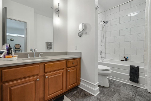 full bathroom with vanity, toilet, and shower / tub combo with curtain