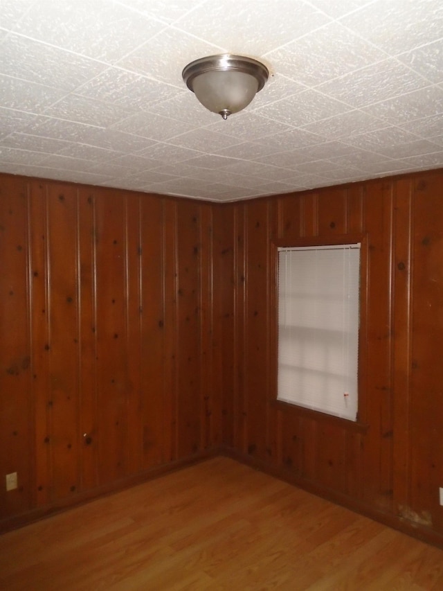 unfurnished room featuring wood walls and light hardwood / wood-style flooring