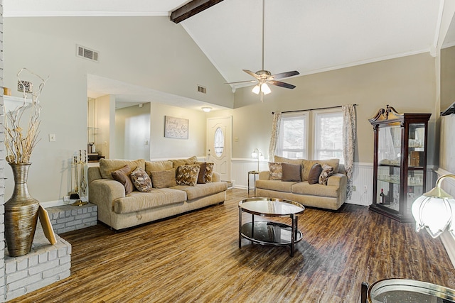 living room featuring ceiling fan, hardwood / wood-style floors, beamed ceiling, and high vaulted ceiling