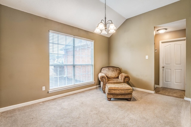 living area featuring carpet, vaulted ceiling, and a notable chandelier