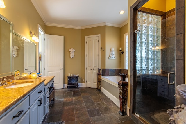 bathroom with shower with separate bathtub, vanity, a wood stove, and ornamental molding