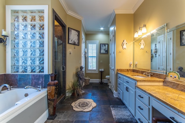 full bathroom with toilet, vanity, shower with separate bathtub, and ornamental molding