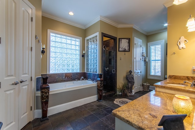 bathroom with ornamental molding, separate shower and tub, and a healthy amount of sunlight