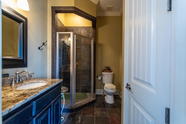 bathroom featuring a shower with shower door, toilet, ornamental molding, and vanity