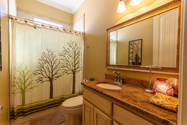 bathroom with walk in shower, tile patterned floors, toilet, vanity, and ornamental molding