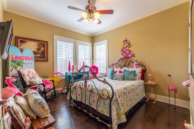 bedroom with crown molding, ceiling fan, and dark wood-type flooring