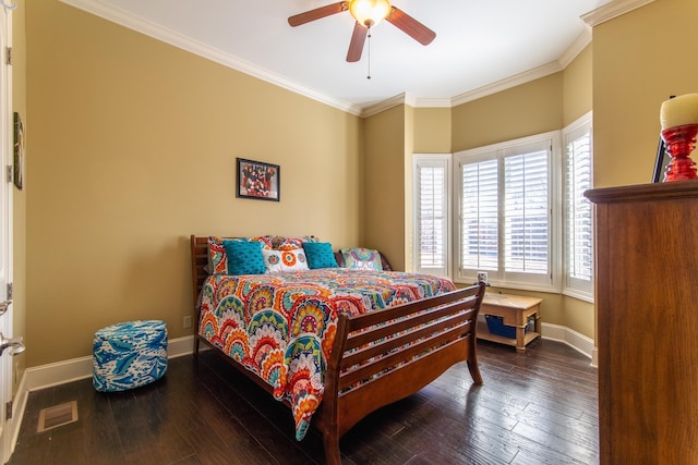 bedroom with ceiling fan, hardwood / wood-style floors, and crown molding