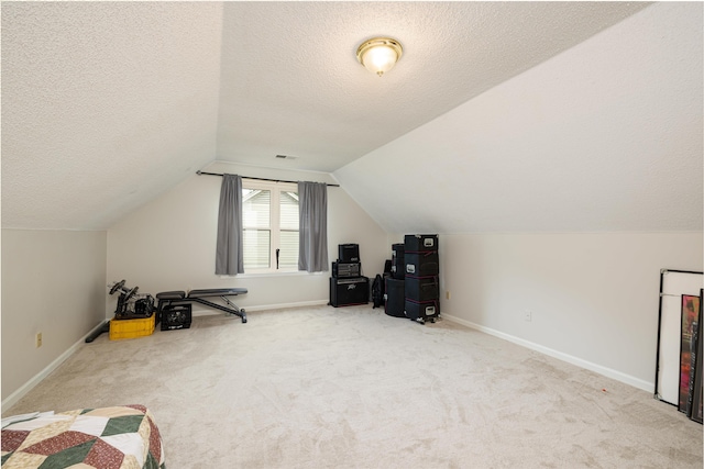 additional living space with vaulted ceiling, a textured ceiling, and carpet