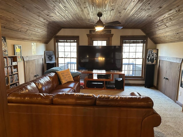 carpeted living room with ceiling fan, lofted ceiling, and wooden ceiling