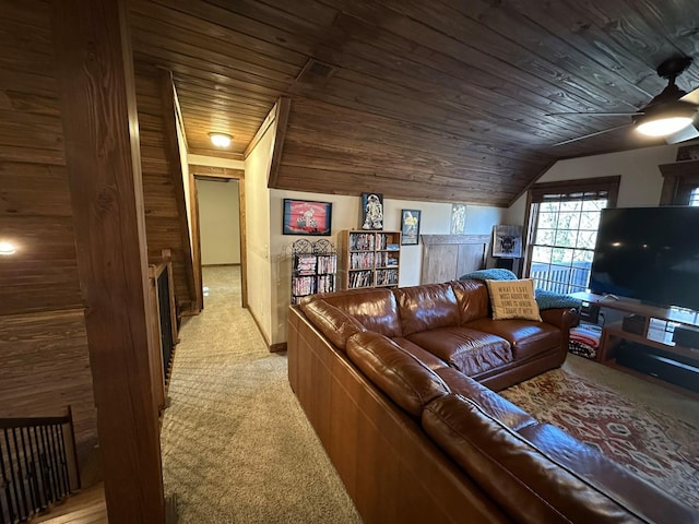 living room with wooden ceiling, light carpet, and vaulted ceiling