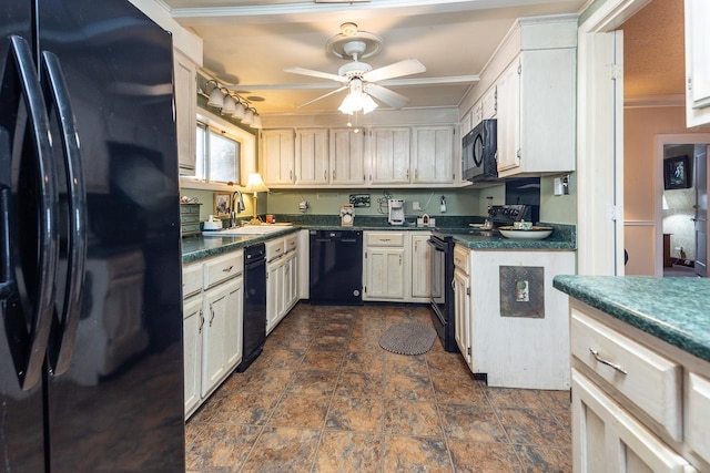 kitchen featuring black appliances, sink, ceiling fan, ornamental molding, and white cabinetry