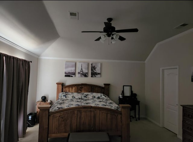 carpeted bedroom with ornamental molding, ceiling fan, and lofted ceiling