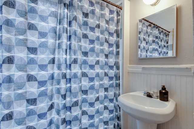 bathroom with wood walls and sink