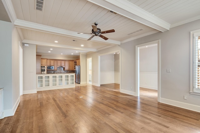 unfurnished living room with beamed ceiling, light hardwood / wood-style flooring, ceiling fan, and ornamental molding