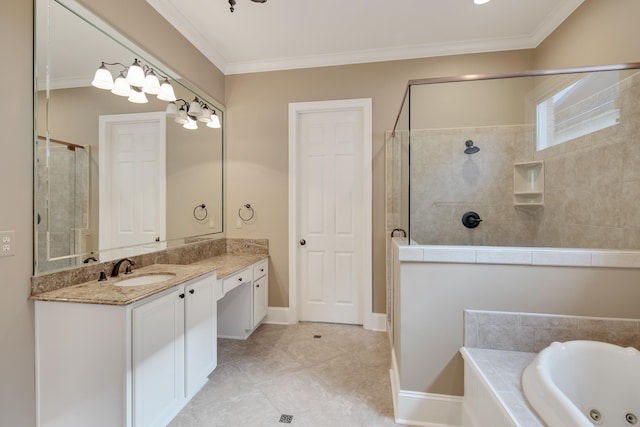 bathroom featuring plus walk in shower, vanity, ornamental molding, and tile patterned flooring