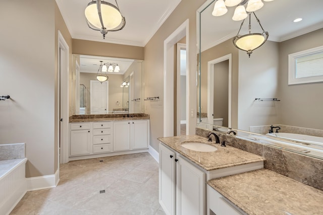 bathroom with ornamental molding, vanity, tiled tub, tile patterned flooring, and toilet