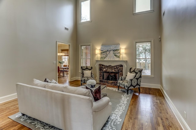 living room with a fireplace, a high ceiling, and hardwood / wood-style flooring