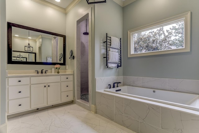 bathroom featuring plus walk in shower, vanity, and crown molding