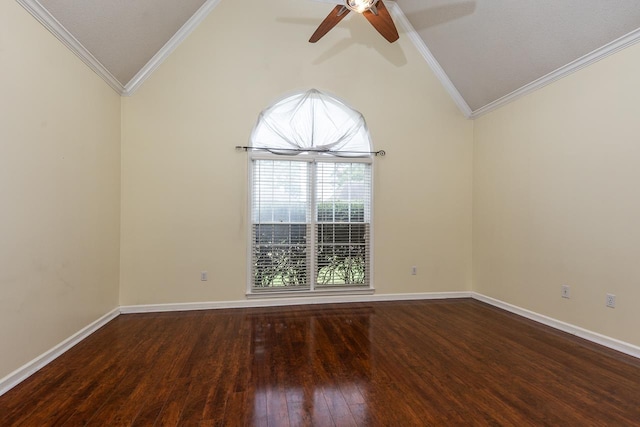 spare room featuring ornamental molding, ceiling fan, lofted ceiling, and wood-type flooring