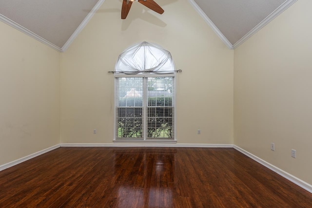 unfurnished room with hardwood / wood-style floors, lofted ceiling, and ornamental molding