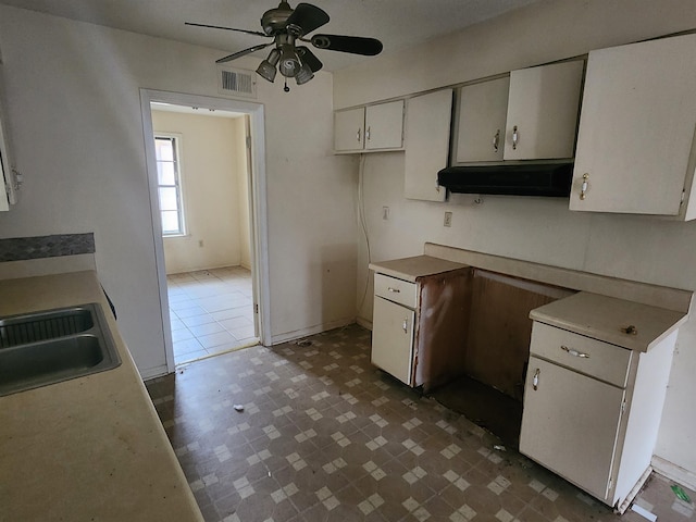 kitchen featuring white cabinets, ceiling fan, ventilation hood, and sink