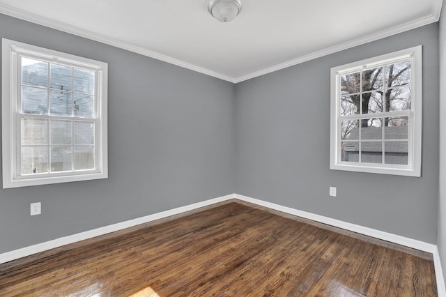 spare room with dark hardwood / wood-style floors and crown molding