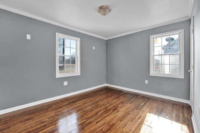 empty room with a wealth of natural light, crown molding, and dark wood-type flooring