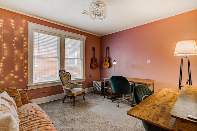 office area with carpet flooring, a wealth of natural light, crown molding, and a notable chandelier