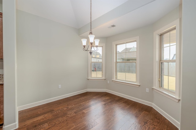 unfurnished dining area with an inviting chandelier and dark wood-type flooring