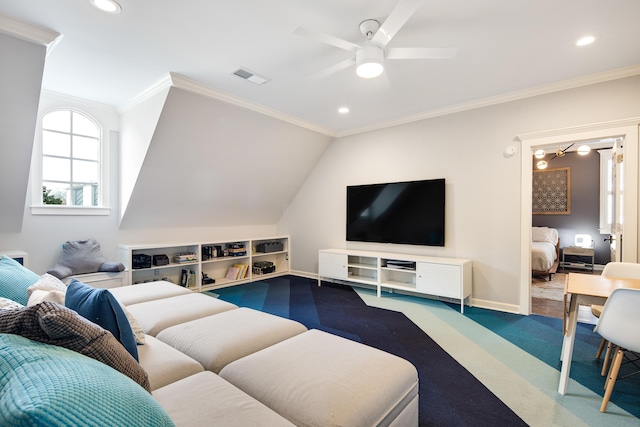 carpeted living room featuring ceiling fan, crown molding, and vaulted ceiling