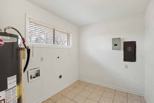 laundry room featuring electric panel, hookup for a washing machine, light tile patterned floors, water heater, and hookup for an electric dryer