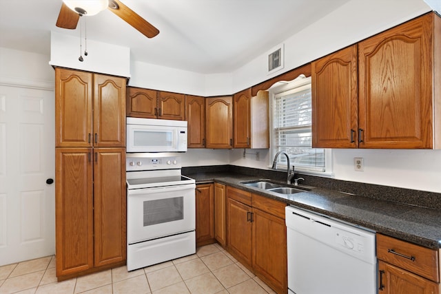 kitchen with ceiling fan, light tile patterned flooring, white appliances, and sink