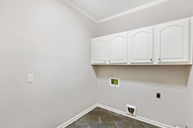 clothes washing area featuring washer hookup, electric dryer hookup, cabinets, and crown molding