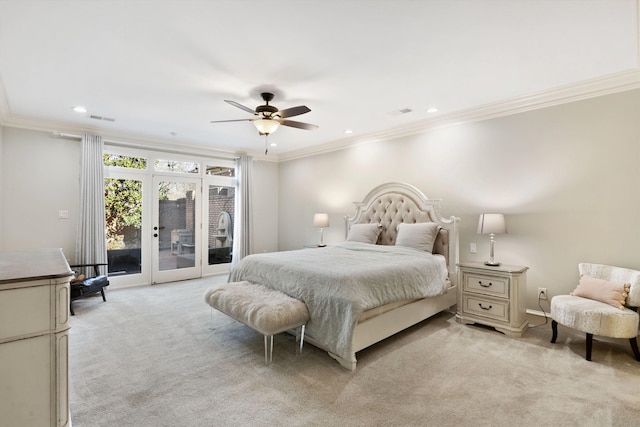 carpeted bedroom featuring ceiling fan, ornamental molding, access to outside, and french doors